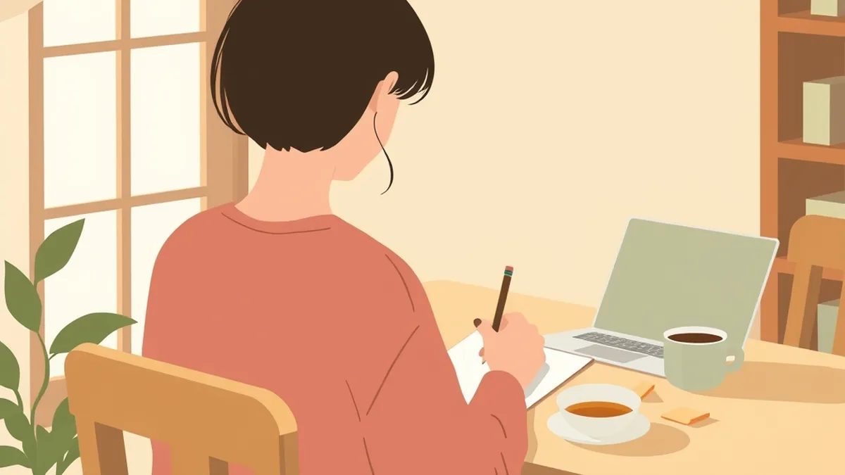 窓辺のテーブルで紙に鉛筆で書き込む人の後ろ姿と、開いたノートパソコンとカップの絵