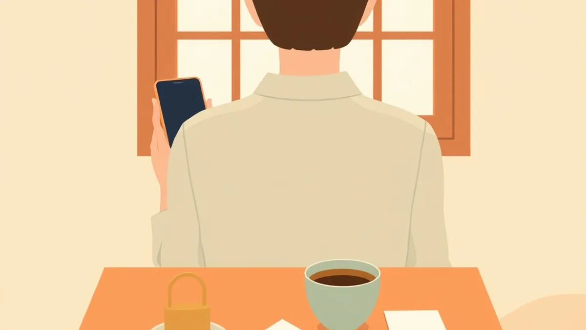 窓辺でスマホを持つ人の後ろ姿と、机の上に置かれた錠前・お茶・白いメモの絵