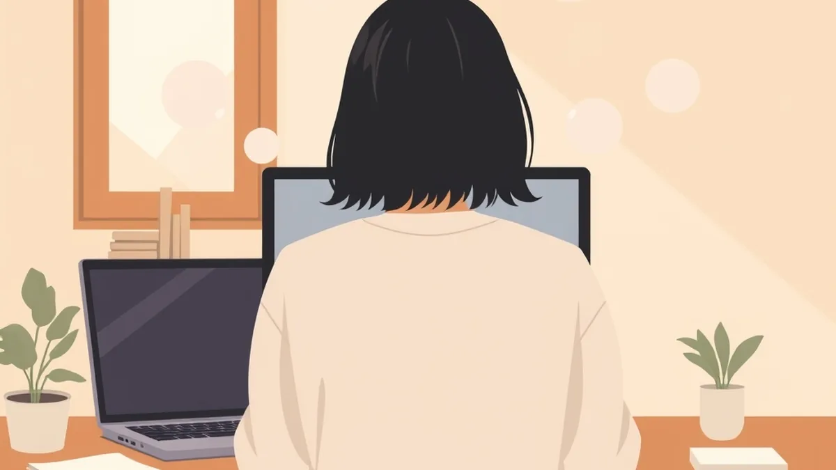 机のパソコンに向かう人の後ろ姿と、部屋に浮かぶ淡い丸い光の絵