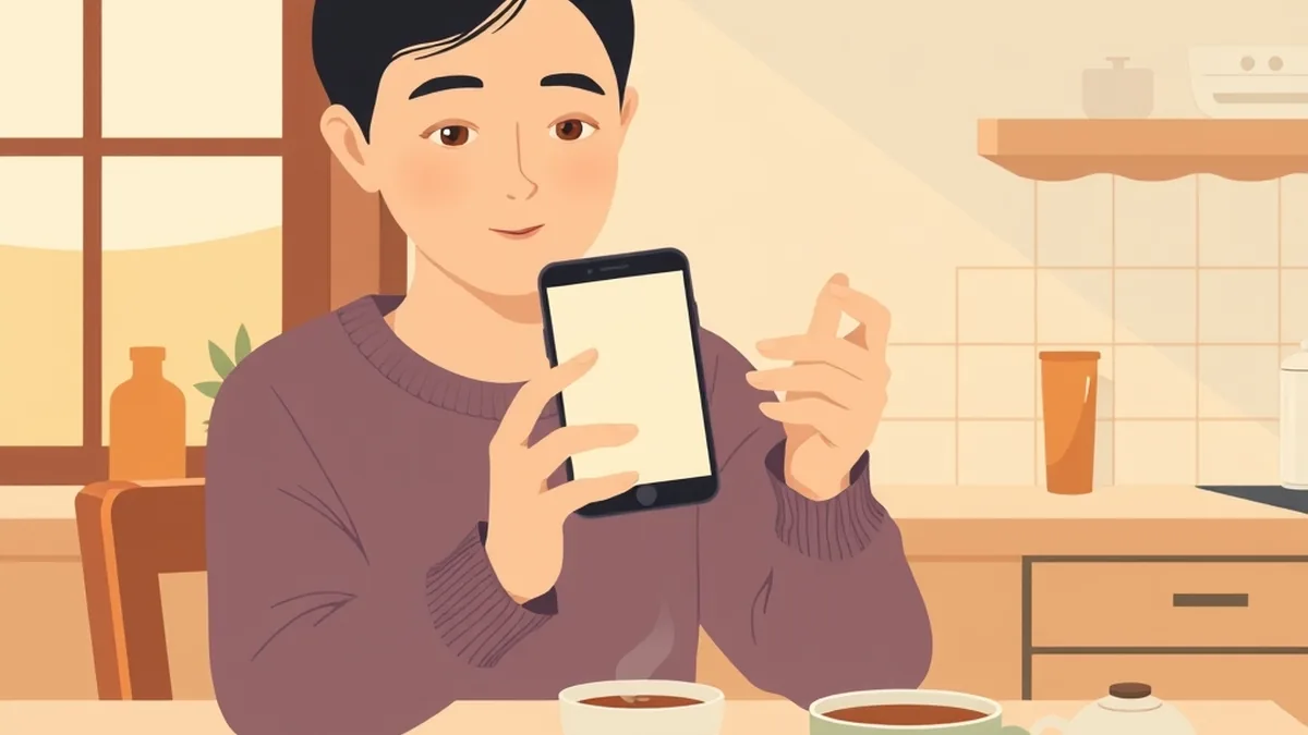 キッチンのテーブルでスマホを手に持ち、落ち着いた表情をしている人の絵