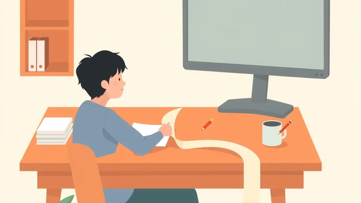 机に向かう人が長い無地の紙テープを手に取っていて、そばに何も映っていないモニターとマグカップがある絵