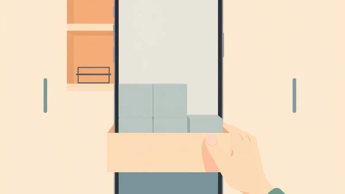 スマホの形をした小さな棚の、灰色のブロックで詰まった引き出しをひとつ整理している絵