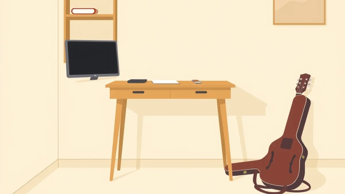 片付いた机のそばの壁に、自分の物ではないギターケースが立てかけられている絵