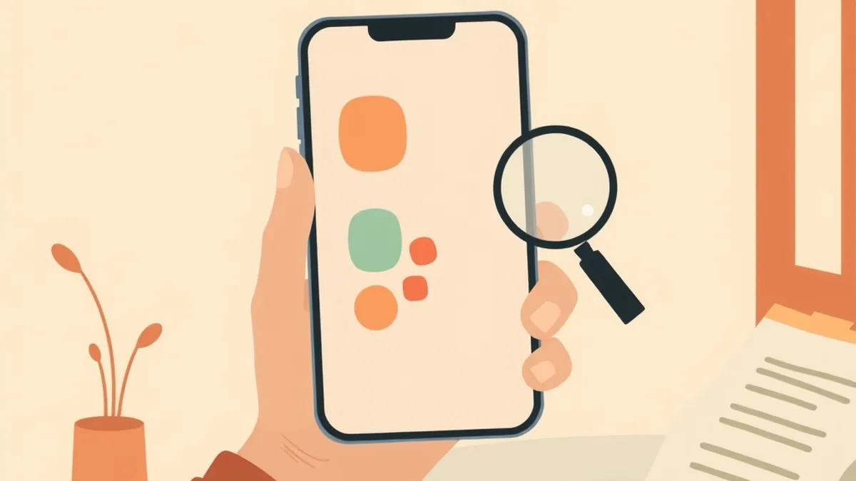 スマホの画面に色つきの四角が並び、そばに虫めがねが浮かんでいる絵