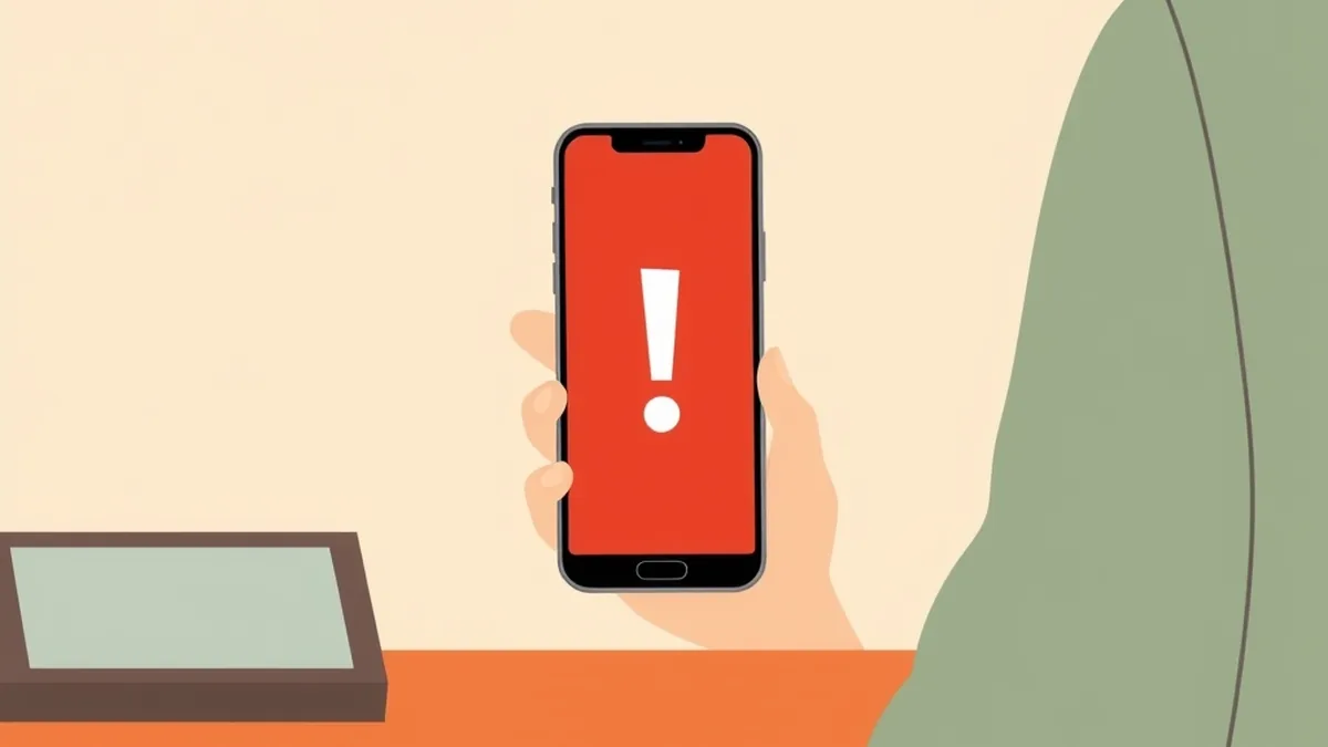 赤い帯にびっくりマークだけが出たスマホを、落ち着いて伏せて置く人