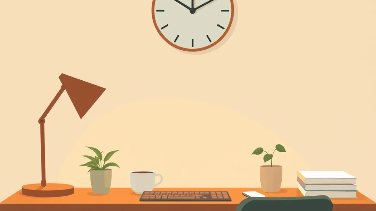 壁掛け時計の下の机に、デスクライトと鉢植え、マグカップ、キーボード、積んだ本が並んでいる絵
