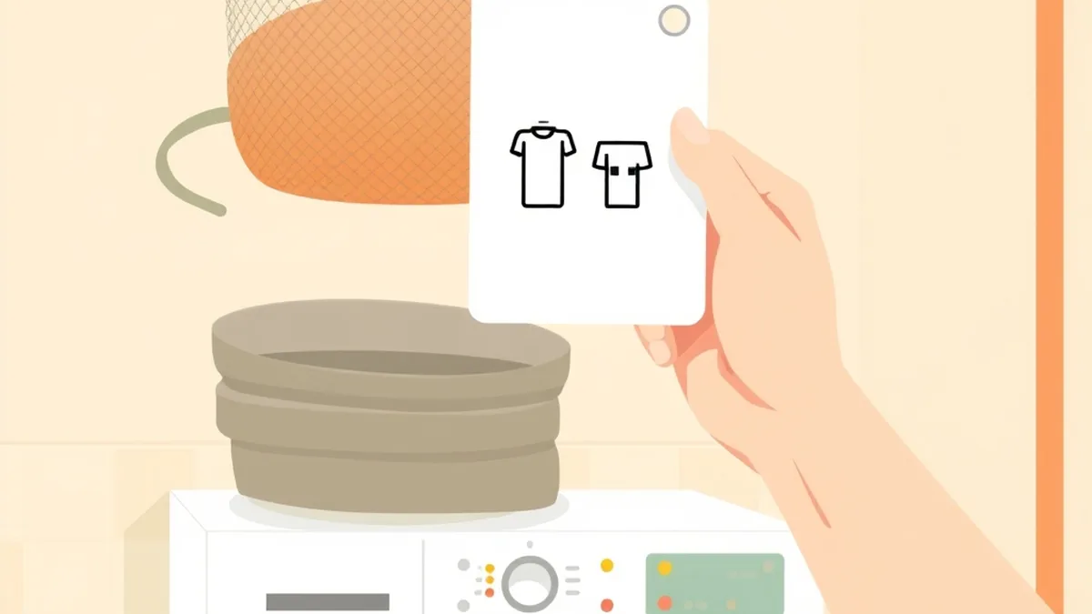 洗濯機の上の洗濯ネットと、おけの記号だけが描かれた洗濯表示タグを持つ手
